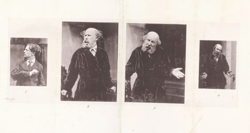 Four portraits of unknown men presumably showing helplessness, page, photomechanical print, number: 'Pl. VI. 1 2 3 4', c. 1863 - in or before 1873, paper, heliotype, height 187 mm x width 318 mm, Page opposite page 264., passions, emotions, affections, Weakness, Powerlessness, Helplessness, 'Infermità' (Ripa), A wide pale page shows four sepia photographic portraits arranged horizontally with space between them; each portrait is bordered by a lighter margin. The leftmost portrait depicts a young man in a suit and patterned tie turned to his right with his left hand tucked inside his jacket and a serious expression. The second portrait shows an older man with a balding head and wild hair at the sides, a full beard, and a dark velvety coat, facing left with his mouth slightly open and fists near his sides. The third portrait features the same older man in the same dark coat, facing forward with his head tilted and one hand extended palm up while the other rests near his side. The rightmo...