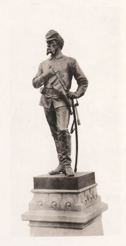 View of a detail of the civil war monument in Manchester, member of the cavalry, page, photomechanical print, c. 1875 - in or before 1880, paper, collotype, photoprint, height 190 mm x width 90 mm, Print after page 16., the soldier, the soldier's life, monument, statue, A monochrome statue of a standing man in a uniform with a cap, facial hair, and a sash across his chest is shown on a decorative stone pedestal; he stands with one hand resting on his hip near a sheathed sword and the other hand brought to his chest, wearing a belted tunic, trousers tucked into tall boots, and a strap crossing his torso, with the pedestal featuring rounded decorative elements and layered molding.