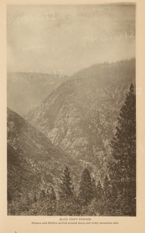 Blue Tent System, View of the Blue Tent mining settlement near Nevada, California, page, photomechanical print, inscription: 'Flumes and ditches carried around steep and rocky mountain side.', Nevada, c. 1885 - in or before 1890, North America, paper, collotype, photogravure, height 184 mm x width 112 mm, Print on third unnumbered page after page 122., mountains, mine, A vertical sepia-toned photograph of a steep rocky mountainside with rugged cliffs and scattered trees, showing a deep valley between ridges and a line of conifer trees rising along the slopes, with a large solitary tree silhouette on the right edge and a hazy sky above.