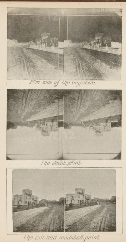 Three views of a street, in varying degrees of finish, page, photomechanical print, inscription: 'Film side of the negative, The cut and mounted print', c. 1888 - in or before 1893, paper, autotype, height 213 mm x width 129 mm, Prints opposite page 191., street, A vertical page showing three horizontal pairs of rectangular photographic images separated by pale margins, each pair positioned side by side and framed within the page. The top pair displays a grainy, high-contrast scene of a long road or track leading toward the horizon with low buildings and a larger multi-story structure set back from the road on one side, and a sky rendered as a dark textured area above. The middle pair appears inverted relative to the others and shows a similar roadside scene with rail or road lines converging toward the center, buildings visible near the horizon, and vertical poles aligned near the central seam between the two images, with the sky appearing textured. The bottom pair shows a clearer day...