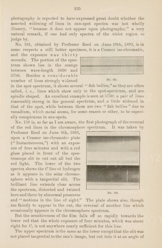 Two solar spectra, page, photomechanical print, number: 'No. 161.No. 159.', c. 1893-06-08 - in or before 1893-06-10, paper, autotype, height 214 mm x width 131 mm, Prints on page 235., physical aspects of the sun, A sepia-toned page from an old book with printed serif text filling most of the page, a centered page number near the top, and two rectangular grayscale photographic plates embedded among the paragraphs, one smaller plate near the upper right showing a horizontal banded gradient and a thin dark line across it with a caption beneath, and a larger plate lower on the right showing multiple horizontal bands of varying darkness and texture framed by a thin border with a caption beneath; the paper shows slight aging and a narrow margin around the text.