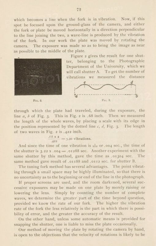 Three views of a falling ball along a ruler, page, photomechanical print, number: 'Fig. 4c, Fig. 4b', c. 1890 - in or before 1895, paper, autotype, height 212 mm x width 142 mm, Prints on page 73., falling, A faded page from a book showing a heading numeral at the top and multiple paragraphs of printed text filling the page, with a dark rectangular photographic image on the left margin labeled beneath, and a small simple line diagram of a wavy line inside a dashed rectangle to the right of the photograph, both images aligned in the middle of the page.