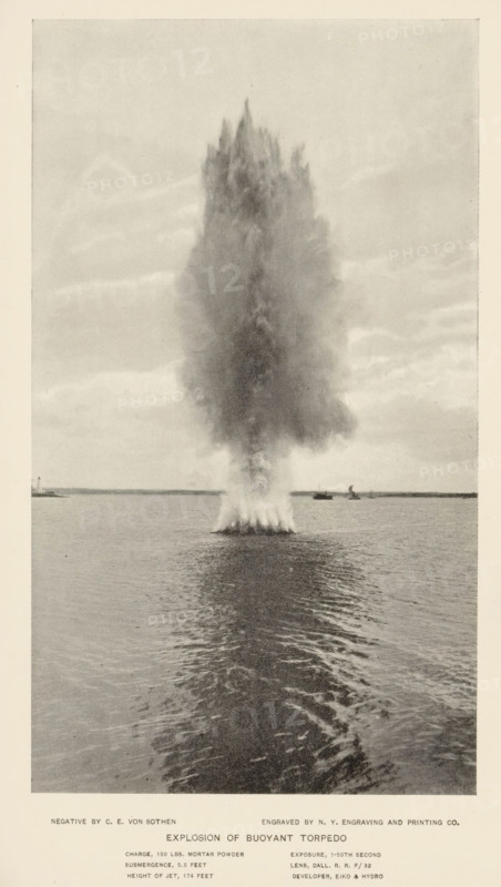 Explosion of a torpedo underwater, page, photomechanical print, photographer: CE von Sothen, cliché maker: NY Engraving and Printing Co., c. 1890 - in or before 1895, paper, autotypie, height 176 mm x width 101 mm, projectiles, explosives, A tall, vertical column of water and spray rises from the surface of a body of water, creating a dense plume that fans outward toward the top; rippling water extends from the base of the plume toward the foreground, and a low distant shoreline with a couple of small vessels is visible on the horizon under a cloudy sky.