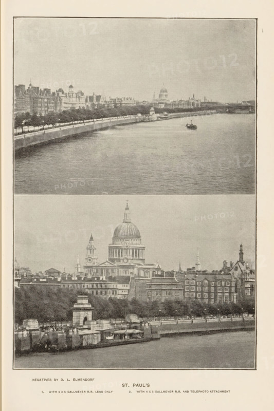 St. Paul's, page, photomechanical print, photographer: Dwight Lathrop Elmendorf, London, cliché maker: anonymous, c. 1890 - in or before 1895, Dwight Lathrop Elmendorf, photographer, cliché maker, paper, autotypie, height 165 mm x width 112 mm, church (exterior), facade (of house or building), Saint Paul's Cathedral, A vertically oriented page shows two separate black-and-white photographic prints stacked one above the other, each framed by a thin border. The top image depicts a wide river with a promenade running along its near bank lined with trees and a series of buildings beyond, and a small boat floating on the water toward the far side. The bottom image centers on a large domed cathedral rising above surrounding rooftops and other architectural elements, with rows of buildings and trees in front of it and part of a riverside embankment visible at the lower edge. The overall page has a light background with narrow margins around the framed photographs.