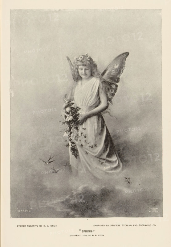 Spring', reproduction, page, photomechanical print, photographer: SL Stein, cliché maker: Process Etching & Engraving Co., after painting by anonymous, c. 1890 - in or before 1895, SL Stein, Process Etching & Engraving Co., photographer, cliché maker, after painting by, paper, autotypie, height 157 mm x width 115 mm, flowers, elf, A grayscale image of a young woman with long wavy hair wearing a flowing sleeveless gown and a floral crown, shown standing and looking downward with a gentle expression; she has large decorative butterfly-like wings attached to her back and holds a cascading bouquet of flowers at her midsection, with small birds flying nearby and soft cloudlike shading around her lower body.