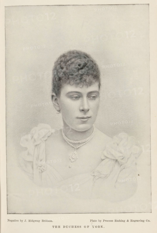 The Duchess of York, reproduction, page, photomechanical print, photographer: Joseph Ridgway Bridson, cliché maker: Process Etching & Engraving Co., after drawing by anonymous, c. 1888 - in or before 1893, paper, autotypie, height 165 mm x width 114 mm, Person, Victoria Maria Augusta Louise Olga Pauline Claudine Agnes van Teck, queen, A monochrome portrait of a woman shown from the chest up, facing slightly to her left with her gaze directed downward, featuring short curly hair, small earrings, and a multi-strand necklace with a pendant, wearing a dress with puffed sleeves and decorative bows at the shoulders, rendered against a plain light background within a bordered rectangular frame.