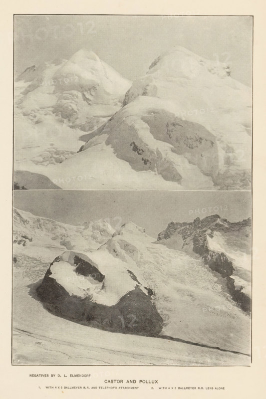 Castor and Pollux, page, photomechanical print, photographer: Dwight Lathrop Elmendorf, cliché maker: anonymous, c. 1890 - in or before 1895, paper, autotypie, height 166 mm x width 112 mm, mountains, Alps, Castor, Pollux, A vertically oriented image showing two black-and-white photographic panels of snow-covered mountain peaks separated by a thin horizontal border and framed by a narrow dark outline. The upper panel displays a wide view of rounded, snow-clad summits with smooth snowfields and exposed rocky ridges, the tones ranging from pale highlights to darker shaded rock faces. The lower panel shows a closer perspective of rugged alpine terrain with a prominent darker, snow-capped rock in the foreground and steep glaciers and jagged peaks receding into the background, with varied textures of packed snow, crevassed ice, and rocky outcrops. The outer margin around the framed photographs is a pale neutral tone.