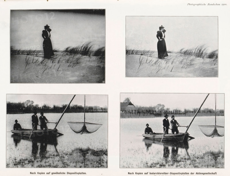 Two variations of two photos, one of an unknown woman in the dunes and one of unknown men on a fishing boat, page, photomechanical print, inscription: 'Nach Kopien auf gewöhnliche Diapositivplatten. Nach Kopien auf Isolarchlorsilber-Diapositivplatten der Aktiengesellschaft, für Anilinfabrikation in Berlin.', cliché maker: Meisenbach, Riffarth & Cie. (possibly), Berlin, c. 1895 - in or before 1900, photographer, paper, autotypie, height 168 mm x width 233 mm, dunes (sea not visible), in the dunes, rowing-boat, canoe, A photographic page with four framed black-and-white images arranged in two rows, the top row showing two similar images of a woman standing on sandy dunes with tall thin grasses, wearing a long dark dress and a hat, one image darker and one lighter; the bottom row showing two similar images of three people in a small rowboat on calm water with a large suspended net nearby, reflections visible in the water and a tree-lined shore in the background.