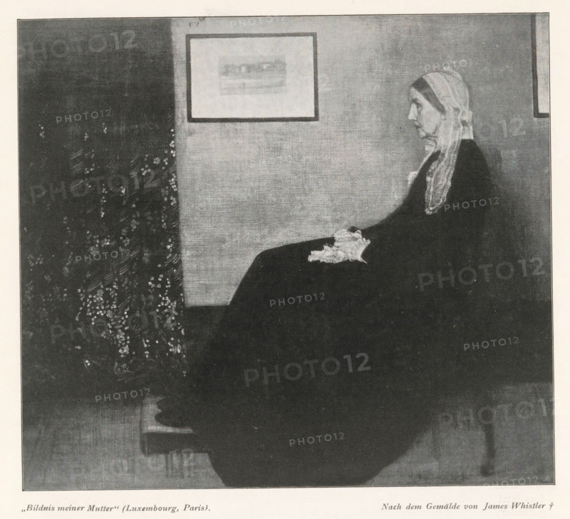 Bildnis meiner Mutter' (Luxembourg, Paris), Reproduction of Whistler's Mother by James Abbott McNeill Whistler, reproduction, page, photomechanical print, monogram: 'AB, M', cliché maker: unknown, after painting by James Abbott McNeill Whistler, c. 1898 - in or before 1903, photographer, paper, autotypie, height 132 mm x width 149 mm, Person, Anna Mathilda McNeill-Whistler, historical persons - BB - woman, A grayscale image of a seated elderly woman in profile facing right, wearing a dark dress and a light headscarf with a long trailing end, her hands resting in her lap holding a light cloth, positioned against a plain wall with a framed picture above and a patterned curtain or textile visible to the left, the scene showing strong contrasts between the dark figure and lighter background.