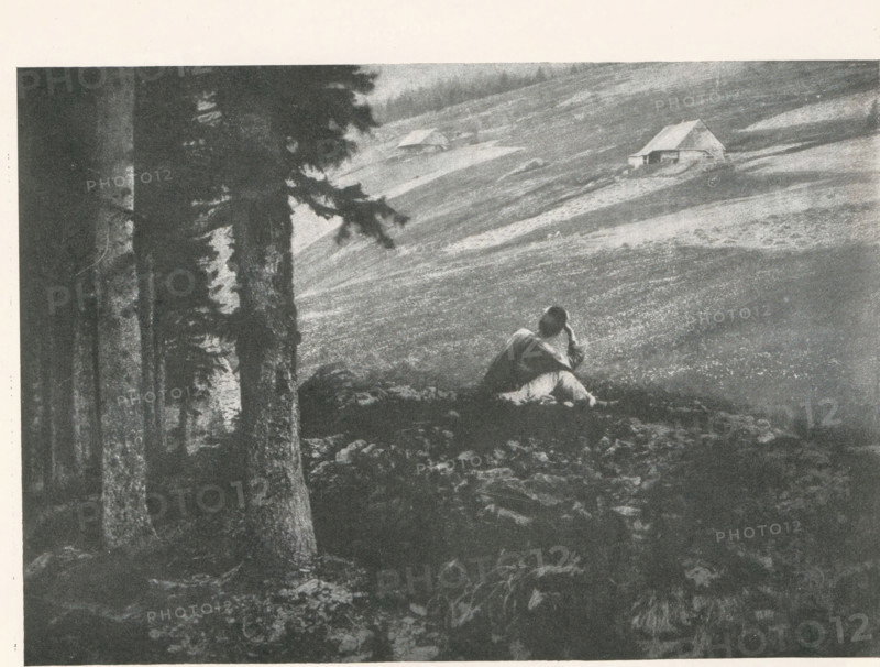 Man looking out over a landscape, with two houses in the background, page, photomechanical print, photographer: Scholz, Th. & R., cliché maker: anonymous, c. 1898 - in or before 1903, paper, autotype, height 139 mm x width 200 mm, landscapes, adult man, rural housing, eg country-house, villa, cottage, A grayscale scene shows a person sitting on a rocky slope facing a gently sloping meadow, with their hand raised to their head and wearing loose clothing; tall tree trunks and branches occupy the left foreground, partially obscuring the view, while the meadow extends into the background where two small pitched-roof huts sit on the hillside.