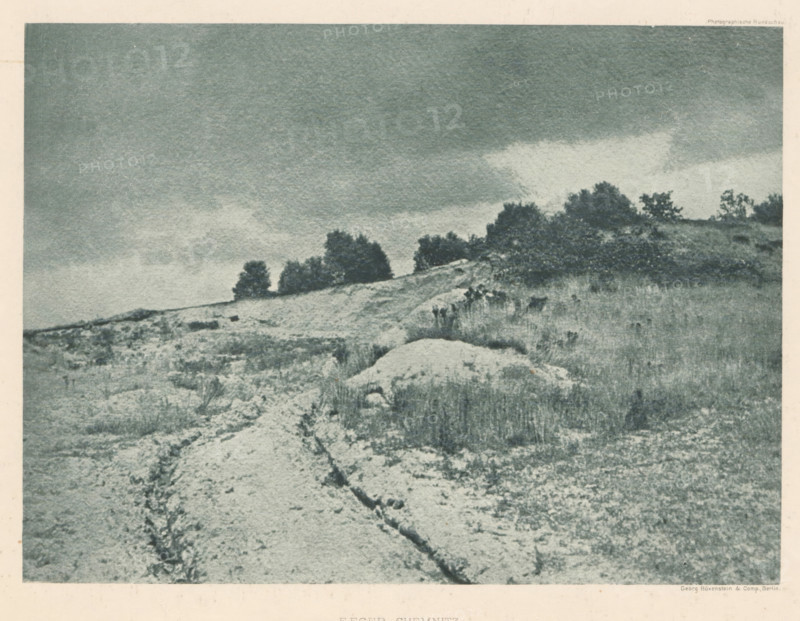 Winter landscape, page, photomechanical print, photographer: F. Eger, cliché maker: Büxenstein & Comp., Georg, Berlin, c. 1898 - in or before 1903, paper, photoaquatint, height 141 mm x width 190 mm, Print eight of fourteen prints at the back of the book., landscapes, snow, A grainy monochrome landscape showing a sloping, uneven foreground of rough, textured ground and sparse vegetation with a narrow rutted path or trench winding toward the middle distance; the midground contains low grassy areas and a cluster of darker, bushy trees and shrubs along a ridge; the sky overhead is broad and cloudy with a heavy, mottled tone.