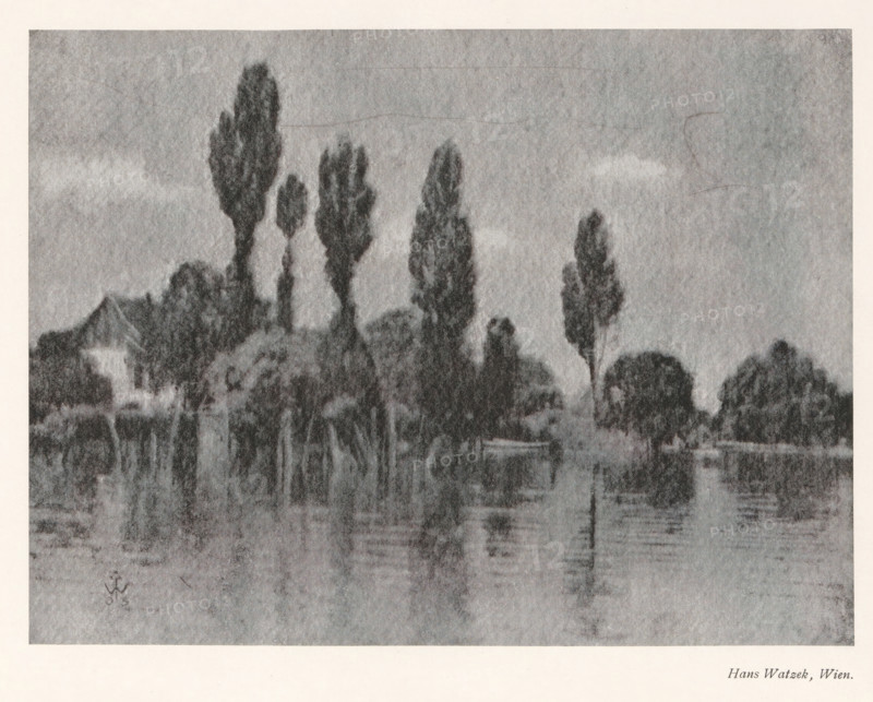 Landscape with trees, page, photomechanical print, monogram: 'AG', photographer: Hans Watzek, cliché maker: unknown, 1903, paper, autotype, height 144 mm x width 194 mm, Print on second unnumbered page after page 160., landscapes, trees, A grayscale image showing a riverside scene with tall, slender trees rising along the bank and their diffused reflections in the water below, low foliage and larger rounded trees interspersed among the taller ones, a small house with a pitched roof partially visible behind the trees on the left, a calm water surface with subtle ripples and mirrored shapes, and a cloudy sky occupying the upper area.