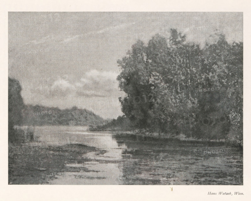 Landscape with river, page, photomechanical print, monogram: 'AG', photographer: Hans Watzek, cliché maker: unknown, c. 1898 - in or before 1903, paper, autotypie, height 143 mm x width 194 mm, Print on fifth page after page 160., landscapes, river, A grayscale scene showing a body of water reflecting the sky, with a shoreline that curves inward and a dense stand of tall trees on the right side; distant hills or landforms appear on the left and background, and the sky contains soft, diffuse clouds.