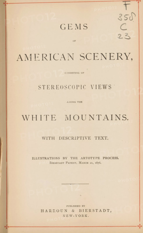 Gems of American scenery, consisting of stereoscopic views among the White Mountains : with descriptive text, book, Book with stereo photographs with a fold-out part in the cover that can be used as a stereo viewer., annotation: 'Nisidel', date: 'Mar 1997', photographer: Bierstadt Brothers, publisher: Harroun & Bierstadt, New York (city), 1878, North America, textile materials, inorganic material, paper, linen (material), rice paper (paper), glass, printing, collotype, height 230 mm x width 136 mm x thickness 29 mm, A vertically oriented aged page with a pale beige background and narrow red border lines near the edges, showing a centered layout of large serif printed words arranged in multiple horizontal groups. The page has darker printed marks and small smudges, a narrow darker strip along the left edge, and handwritten pencil marks near the upper right corner. There is a short horizontal decorative line near the lower middle and a small star-like corner flourish visible at the botto...
