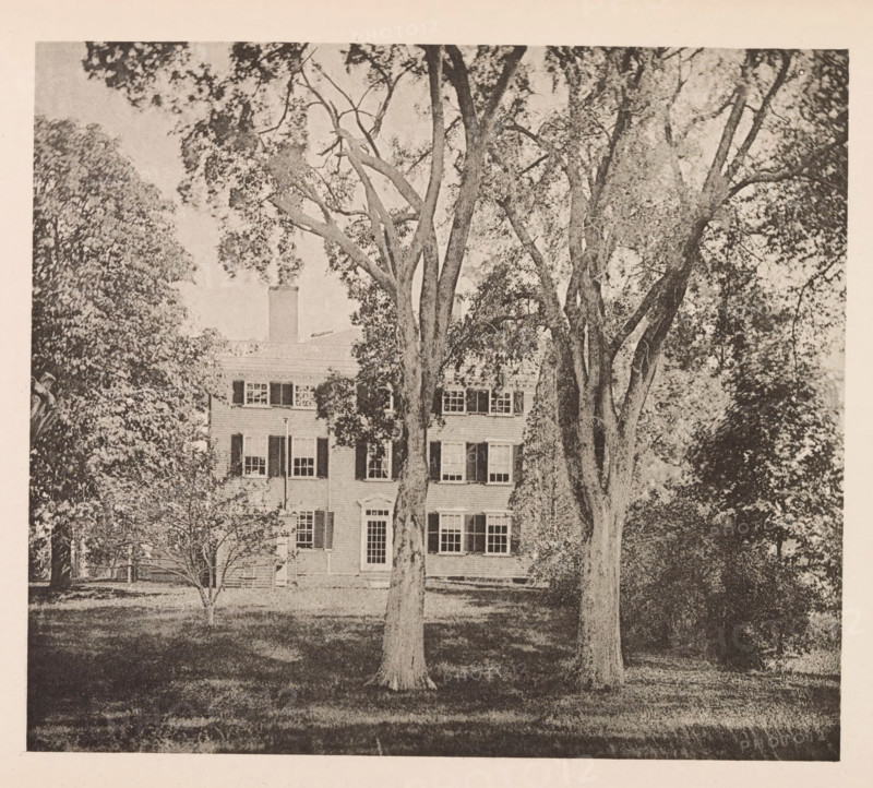 View of Elmwood in Cambridge, page, photomechanical print, photographer: William James Stillman, Cambridge (MA), cliché maker: anonymous, United States of America, c. 1866 - in or before 1876, North America, Massachusetts, paper, collotype, photoprint, height 155 mm x width 177 mm, housing, facade (of house or building), A large multi-story house with evenly spaced windows and shutters is partially obscured by several tall trees with textured trunks and branching limbs; leafy canopies frame the top of the scene and cast dappled shade across a grassy lawn in front of the house, where a smaller tree and some shrubbery are visible, and a faint outline of a bench or low structure sits near the building.