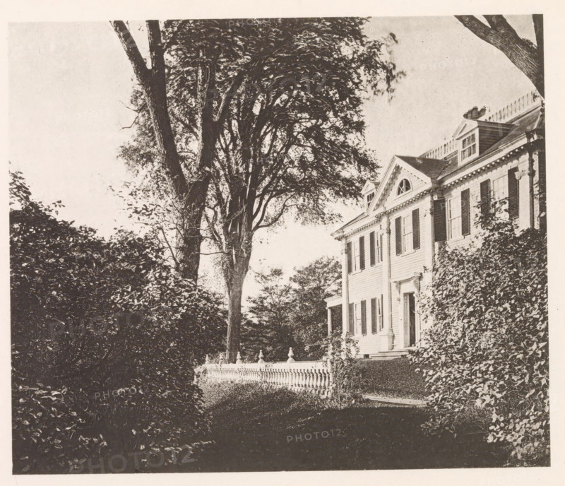 View of the house of Henry Wadsworth Longfellow in Cambridge, page, photomechanical print, photographer: William James Stillman, Cambridge (MA), cliché maker: anonymous, United States of America, c. 1866 - in or before 1876, North America, Massachusetts, paper, collotype, photoprint, height 148 mm x width 175 mm, housing, facade (of house or building), A sepia-toned scene showing the side of a large house with classical architectural details including shuttered windows, decorative cornices, and a triangular pediment with a rounded window, partially covered by climbing vines; in front of the house a low ornamental balustrade runs along a garden area, and tall trees with dense canopies rise beside and behind the house, their trunks and branches framing the view while hedges and shrubbery fill the foreground.