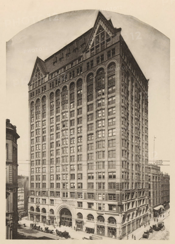 View of the Masonic Temple skyscraper in Chicago, Masonic Temple, page, photomechanical print, Chicago, 1893, North America, Illinois, paper, collotype, photoprint, height 196 mm x width 140 mm, skyscraper, A tall multi-story building with ornate arched windows near its top, a steep pitched roof with decorative gables, and a large arched entrance at street level; rows of uniform rectangular windows cover the facade, and decorative masonry details are visible around the upper arches and cornice; street-level storefronts and entryways line the ground floor, with several horse-drawn carriages and a few early automobiles parked along the street and small groups of people standing or walking on the sidewalks; adjacent buildings are visible at the left and right edges of the image, and utility lines run across part of the scene.