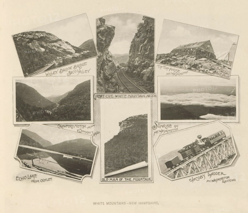 Eight landscapes and views of a house and a train in the White Mountains, White Mountains - New Hampshire, page, photomechanical print, inscription: 'Willey Brook Bridge Saco Valley, Jacobs Ladder MT Washington Railroad.', White Mountains, 1893, North America, New Hampshire, paper, collotype, photogravure, height 199 mm x width 240 mm, lake, railway, train, mountains, A sepia-toned collage of rectangular and polygonal photographic panels showing mountain scenes and infrastructure, including a narrow railroad track curving through a steep rocky cut between tall rock faces, a steep wooden trestle bridge with a locomotive and freight cars angled upward, a rustic stone-and-wood shelter perched on a rocky slope, valley views framed by ridges and distant peaks, a calm lake with a shoreline and reflected landscape, and a high vantage view of cloud cover above distant terrain, all arranged on a light paper background.