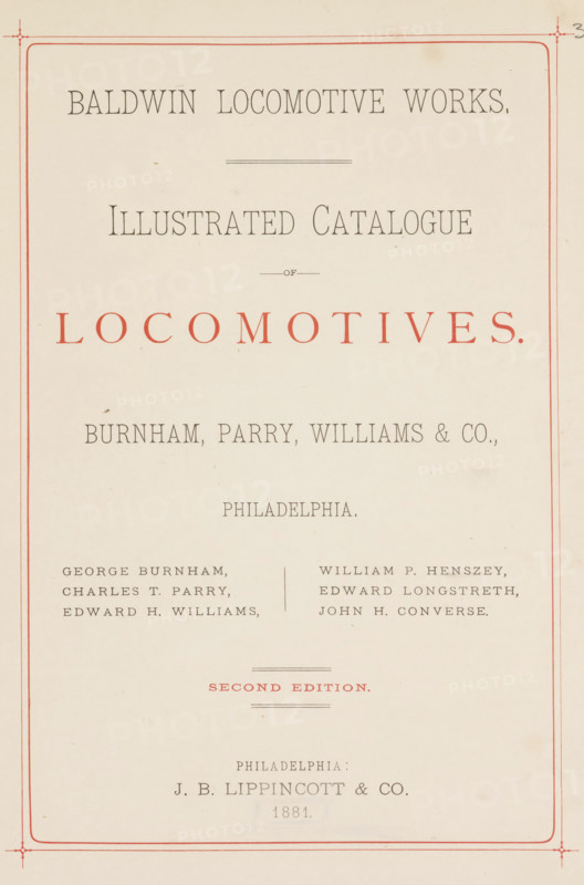 Baldwin locomotive works, book, inscription: 'ex libris SFJ', writer (clerical worker): various manufacturers, publisher: JB Lippincott & Co., Philadelphia, 1881, writer (clerical worker), North America, textile materials, pasteboard, paper, linen (material), printing, albumen print, height 279 mm x width 200 mm x thickness 22 mm, A cream-colored page with a thin red rectangular border and decorative corner marks contains multiple lines of printed text in various serif typefaces and sizes, including a large centered word in red and several smaller lines above and below in dark ink; there are faint ink lines used as separators and a faint vertical crease or fold visible near the center, along with small spots and light discoloration on the paper.