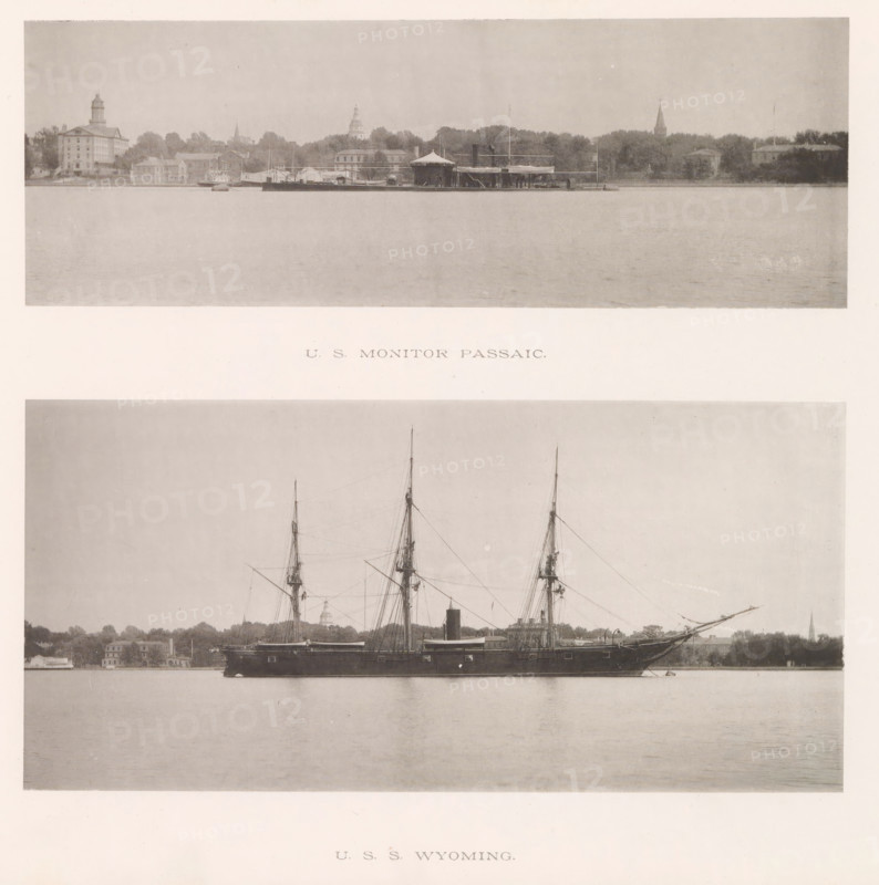 USS Wyoming, US Monitor Passaic, photograph, page, photographer: Edward H. Hart, Maryland, cliché maker: The Photo-gravure Co., New York (city), c. 1885 - in or before 1890, North America, paper, collotype, photoprint, height 265 mm x width 344 mm, ship's portrait, A large historic ship with multiple tall masts and rigging is anchored on calm water with its hull reflected faintly; the vessel shows a central smokestack and a bowsprit extending over the water. In the background a shoreline with low buildings and trees stretches across the scene, with a few steeples and towers rising above the treeline. The image is monochrome and framed with a wide light border surrounding both the ship and the shoreline.