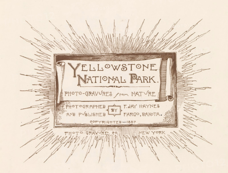 Yellowstone National Park, book, photographer: Frank Jay Haynes, Fargo, 1887, North America, North Dakota, textile materials, pasteboard, paper, linen (material), printing, photoaquatint, height 272 mm x width 357 mm x thickness 15mm, A rectangular framed panel with decorative rolled corners sits near the center, surrounded by radiating spiky lines like rays that extend outward across the page, the panel containing smaller ornamental flourishes and a decorative border, all rendered in a sepia-toned ink on a light beige background.