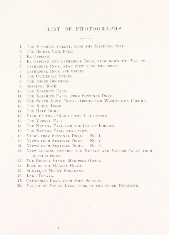 The Yosemite book : a description of the Yosemite Valley and the adjacent region of the Sierra Nevada, and of the big trees of California, book, name: 'Dupl. Sold, ...Caro... Librarian.', name: 'City Library Springfield Mass.', writer (clerical worker): Josiah Whitney, publisher: Julius Bien, New York (city), 1868, writer (clerical worker), North America, pasteboard, biological material, paper, leather, albumen print, stone marbled paper, printing, height 305 mm x width 245 mm x thickness 45mm, A pale, aged paper sheet with a centered heading area near the top and a vertical list of evenly spaced lines filling the upper two thirds of the page, printed in a dark serif type that contrasts with the paper; the left margin shows a faint numerical column beside the list, and the right side of the list extends into the center of the page leaving wide blank margins on both sides; the paper has a slightly warm, off-white tone with small scattered specks and faint age spots, and the lower portio...