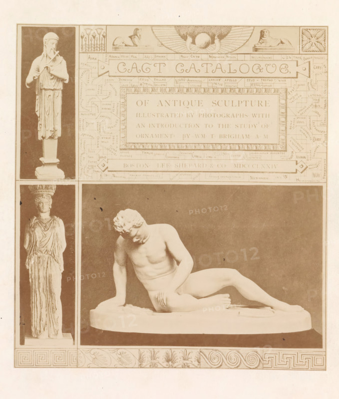 Cast Catalog of Antique Sculpture, Three casts of antique sculptures, photograph, page, photographer: HG Smith, photographer: HW Tupper, c. 1864 - in or before 1874, paper, albumen print, height 185 mm x width 168 mm, Photo for title page., piece of sculpture, reproduction of a piece of sculpture, A sepia-toned print showing a framed layout of classical sculptures and decorative borders, with a central photograph of a reclining nude male marble statue on an oval base, head tilted downward and one arm supporting the torso, flanked by vertical panels containing standing draped female statues on pedestals; the top area features a rectangular decorative panel with ornamental bands and small sculptural vignettes including a sphinx and a reclining lion, and the bottom border displays repeating classical motifs such as spirals, palmettes, and a geometric meander pattern.