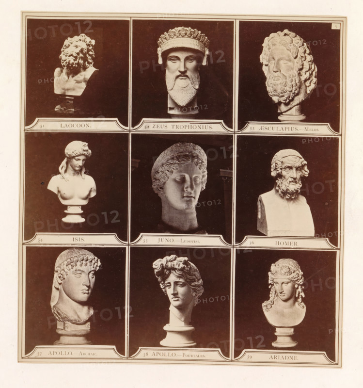 Nine casts of ancient busts including Isis, Apollo, Ariadne and the Juno Ludovisi, photograph, page, inscription: '51 Laocoon. 52 Zeus Trophonius. 53 Aesculapius - Melos. 54 Isis. 53 Juno-Ludovisi. 56 Homer 57 Apollo Archaic. 58 Apollo Pourtales. 59 Ariadne.', photographer: HG Smith, photographer: HW Tupper, c. 1864 - in or before 1874, paper, albumen print, height 182 mm x width 168 mm, piece of sculpture, reproduction of a piece of sculpture, (story of) Juno (Hera), chest, bust, A rectangular print divided into a grid of framed panels, each panel containing a photographic image of a sculpted bust set against a dark background; the top row shows three different bearded male busts with varied hair textures and head adornments, the second row shows a female bust with bare shoulders and a headband, a classical female head with a wreath, and an elderly bearded male bust on a block, and the third row shows three more classical-style busts including a youthful male with curly hair, a slende...