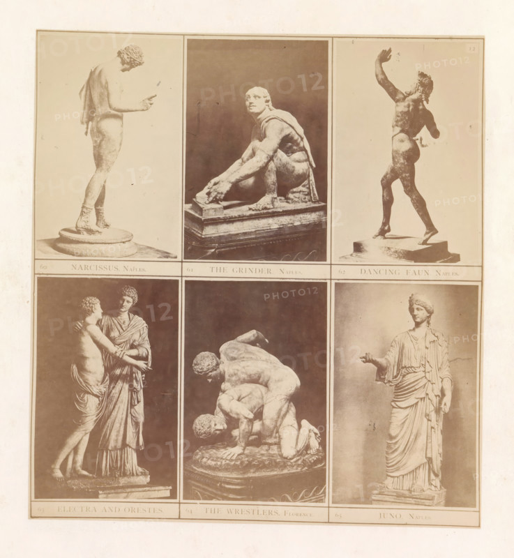 Six casts of ancient sculptures including the Dancing Faun, the Wrestlers and Juno, photograph, page, inscription: '60 Narcissus Naples. 61 The grinder Naples. 62 Dancing Faun Naples. 63 Electra and Orestes. 64 The Wrestlers Florence. 65 Juno Naples.', photographer: HG Smith, photographer: HW Tupper, c. 1864 - in or before 1874, paper, albumen print, height 184 mm x width 170 mm, piece of sculpture, reproduction of a piece of sculpture, satyrs, fauns, Sileni, A faded sepia page divided into six framed panels showing photographs of classical sculptures, with three panels across two rows; top left shows a standing nude figure viewed in profile with a rounded base, top center shows a crouching male statue with muscular arms and a rectangular plinth, and top right shows a dynamic figure stepping forward with one arm raised and a small base beneath the feet; bottom left shows two figures in close embrace with draped clothing on one and partial nudity on the other, bottom center shows two wr...