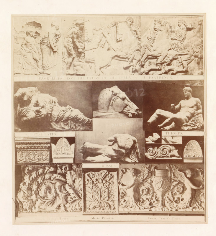 Casts of ancient sculptures and building fragments including a piece of the frieze of the Parthenon, photograph, page, inscription: 'Bas Relief from the Frieze of the Cella of the Parthenon Two Eates Theseus Ilissus, ', photographer: HG Smith, photographer: HW Tupper, c. 1864 - in or before 1874, paper, albumen print, height 185 mm x width 171 mm, piece of sculpture, reproduction of a piece of sculpture, stylistic and formal differentiation of art, A large sepia-toned sheet displays a grid of photographic reproductions of sculpted reliefs and carved architectural fragments arranged in horizontal rows, showing reclining draped figures, a sculpted horse head on a plinth, a seated nude male figure holding a small object, ornamental acanthus foliage panels, carved volute and floral motifs, small detached fragments of sculpted limbs and decorative rosettes, and repeated sections of carved borders and capitals, all presented against a pale background with narrow framing lines around the comp...