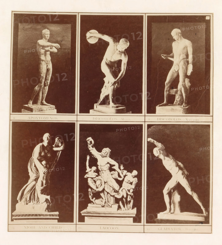 Six casts of ancient sculptures including the Laocoön group, the discus thrower and Niobe with her child, photograph, page, inscription: '6 Apoxyomenos. 7 Discobolos Myron. 8 Discobolis Naucydes. 9 Niobe and child. 10 Laocoon. 11 Gladiator Borghese', photographer: HG Smith, photographer: HW Tupper, c. 1864 - in or before 1874, paper, albumen print, albumendruk, height 185 mm x width 172 mm, piece of sculpture, reproduction of a piece of sculpture, Laocoon and his twin sons are strangled by two serpents during the preparations for a sacrifice, A sepia-toned print divided into rectangular panels showing six photographed sculptures against dark backgrounds, with three panels across the top and three across the middle, each sculpture depicted on a pedestal; the top left panel shows a standing nude male figure with arms extended forward and weight shifted to one leg, the top center panel shows a nude male figure in a twisting pose holding a circular object above his head, and the top right ...