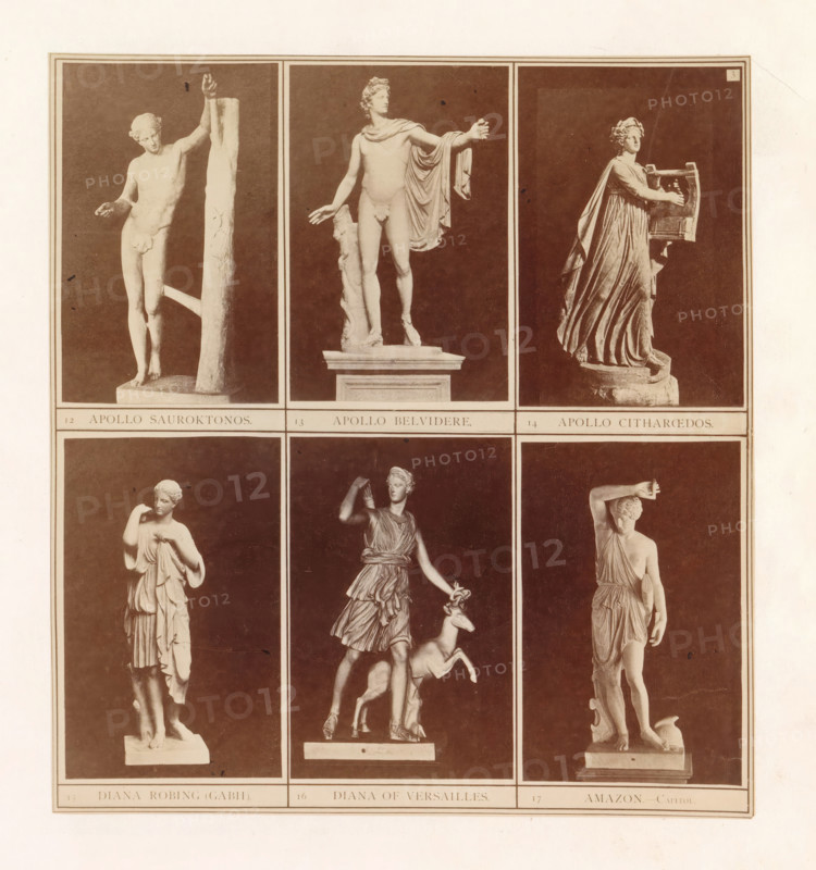 Six casts of ancient sculptures of Apollo, Diana and an Amazon including the Apollo Belvedere and the Diana of Versailles, photograph, page, inscription: '12 Apollo Sauroktonos. 13 Apollo Belvidere. 14 Apollo Citharoedos. 15 Diana Robing (Gabh) 16 Diana of Versailles. 17 Amazon. Capitol.', photographer: HG Smith, photographer: HW Tupper, c. 1864 - in or before 1874, paper, albumen print, height 180 mm x width 167 mm, piece of sculpture, reproduction of a piece of sculpture, (story of) Diana (Artemis), (story of) Apollo (Phoebus), A vertical print showing six sepia-toned photographs of classical marble statues arranged in a two-by-three grid, each statue set against a dark background with a light border around each panel; the top row includes a slender nude male leaning on a tall tree trunk, a standing nude male draped with a cloak over one shoulder and a support at his leg, and a robed female figure holding a rectangular musical instrument; the bottom row shows a robed female with one ...