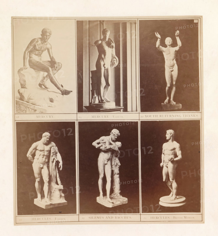 Six casts of ancient sculptures of Mercury, Hercules and Silenus with the child Dionysos, photograph, page, inscription: '18 Mercury. 19 Mercury Vatican. 20 Youth returning thanks. 21 Hercules Farnese. 22 Silenus and Bacchus. 23 Hercules British Museum.', photographer: HG Smith, photographer: HW Tupper, c. 1864 - in or before 1874, paper, albumen print, height 186 mm x width 171 mm, piece of sculpture, reproduction of a piece of sculpture, (story of) Hercules (Heracles), (story of) Mercury (Hermes), A vertically oriented sheet showing a grid of rectangular panels each containing photographic images of classical marble statues; the top row features three panels with a seated male figure on a rock in the left panel, a standing male figure with a draped cloth and a circular object in the middle panel, and a standing male figure with both arms raised in the right panel; the lower row of visible panels shows three full-length male figures each on individual plinths or bases, the left one ho...