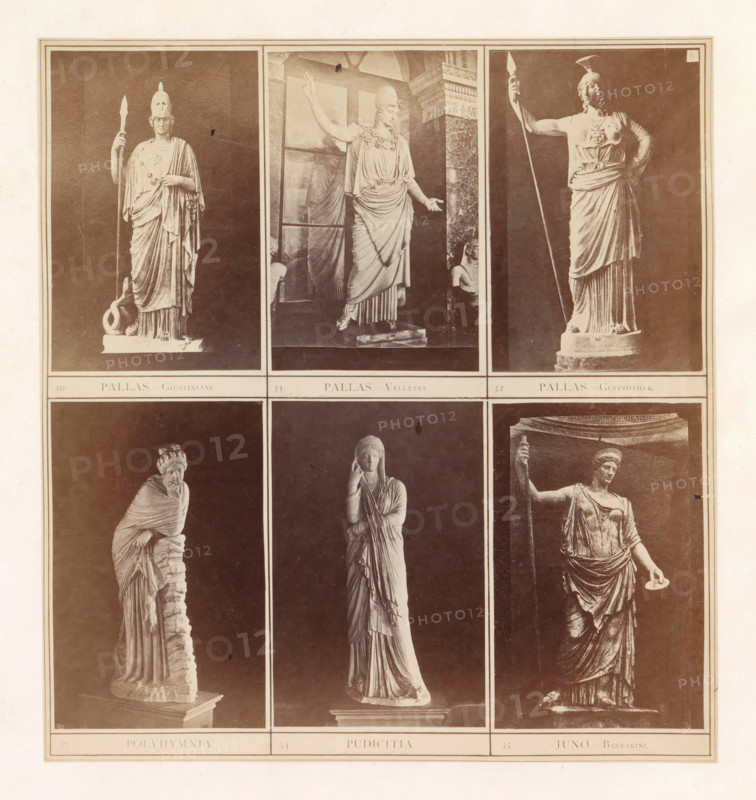 Six casts of ancient sculptures of women including Pallas Athena and Juno, photograph, page, inscription: '30 Pallas Giustiniani. 31 Pallas Velletri. 32 Pallas Glyptothek. 33 Polyhymnia. 34 Pudicitia. 35 Juno Barbarini.', photographer: HG Smith, photographer: HW Tupper, c. 1864 - in or before 1874, paper, albumen print, height 185 mm x width 171 mm, piece of sculpture, reproduction of a piece of sculpture, (story of) Juno (Hera), (story of) Minerva (Pallas, Athena), A sepia-toned print divided into panels showing six classical marble statues, each framed by thin rectangular borders; the top row features three standing female figures draped in flowing robes, two holding long spears and one with an arm raised, with a coiled serpent at the base of the left statue and a marble interior backdrop behind the center statue, while the right statue stands with one hand on its hip; the bottom row shows three additional female statues, the left leaning against a rough column and wrapped in drapery...