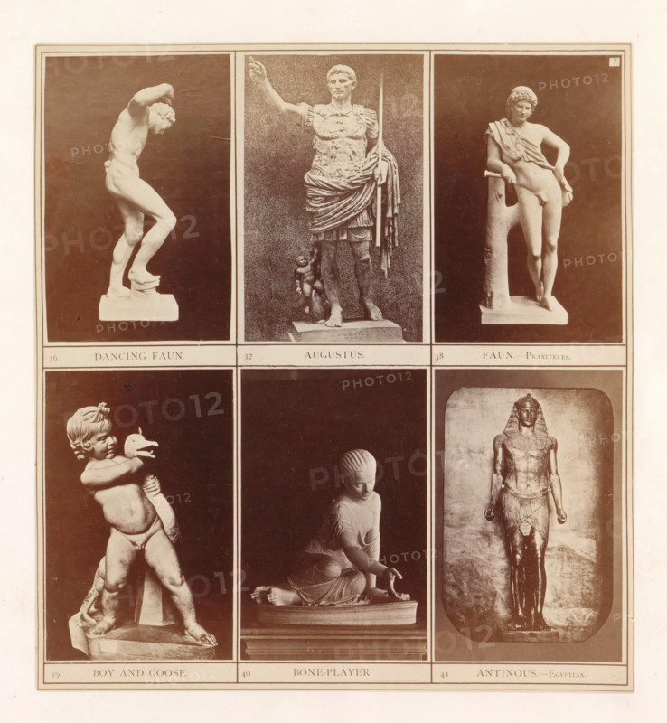 Six casts of ancient sculptures of fauns, Augustus, Antinous and children at play including the Resting Satyr of Praxiteles, photograph, page, inscription: '36 Dancing faun. August 37. 38 Faun-Praxiteles. 39 Boy ans Goose. 40 Bone player. 41 Antinous-Egyptian.', photographer: HG Smith, photographer: HW Tupper, c. 1864 - in or before 1874, paper, albumen print, height 182 mm x width 168 mm, piece of sculpture, reproduction of a piece of sculpture, child playing with animals, satyrs, fauns, Sileni, A vertical photographic plate showing three rows of framed images of sculptures arranged in three columns, with the top row featuring a left statue of a nude male figure in a bent pose standing on a small plinth against a dark background, a central statue of an armored male figure in a raised-arm stance holding a spear with a small child figure at his feet, and a right statue of a reclining-leaning nude male figure resting an arm on a tree-like support; the middle row shows a left sculpture of...