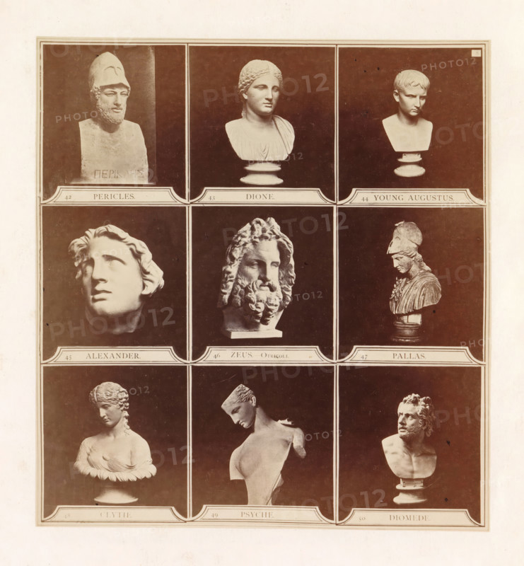 Nine casts of ancient busts including Dione, Zeus, Pallas Athena and Psyche, photograph, page, inscription: '42 Pericles. 43 Dione. 44 Young August. 45 Alexander. 46 Zeus-Otricoli. 47 Pallas. 48 Glythe. 49 Psyche. 50 Diomede.', photographer: HG Smith, photographer: HW Tupper, c. 1864 - in or before 1874, paper, albumen print, height 185 mm x width 171 mm, piece of sculpture, reproduction of a piece of sculpture, chest, bust, A vertically oriented sepia-toned print divided into a grid of rectangular panels, each panel showing a bust or sculpted torso photographed against a dark background; the top row includes three classical busts with varied hairstyles and headgear, the second row shows a large upward-gazing head, a bearded head with flowing hair, and a helmeted figure in profile, the third row displays a feminine bust, a partially missing torso turned in three-quarters view, and a male bust with a turned face, all mounted on small plinths and framed by light borders on a pale paper s...
