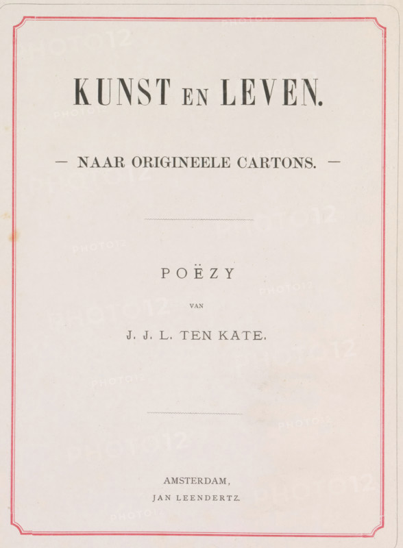 Art and life, book, writer (clerical worker): Jan Jakob Lodewijk ten Kate, publisher: Jan Leendertz, Amsterdam, c. 1878, writer (clerical worker), textile materials, pasteboard, paper, linen (material), albumen print, height 312 mm x width 240 mm x thickness 20 mm, A vertical page with a thin decorative red border near the edges on a light beige background, containing several horizontal groupings of dark gray printed lines and small ornamental marks spaced down the center, with faint age spots and slight discoloration on the paper.