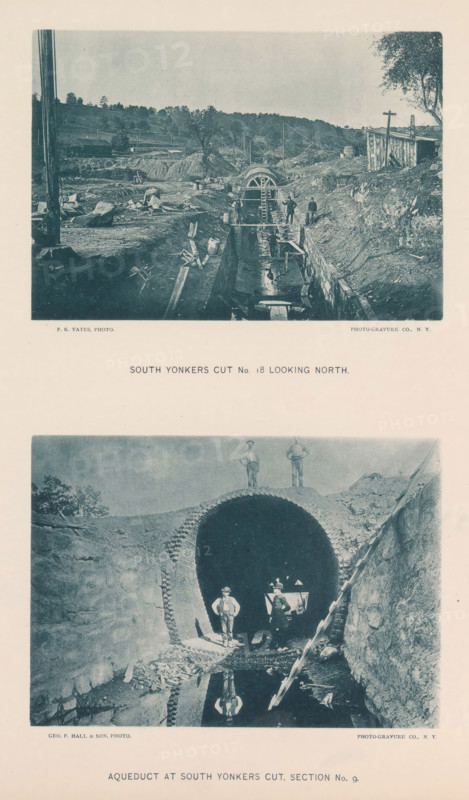 South Yonkers cut no. 18 looking north, Aqueduct at South Yonkers cut, section no. 9, page, photomechanical print, photographer: Preston K. Yates, Yonkers, photographer: Hall & Son, George P., cliché maker: The Photo-gravure Co., New York (city), c. 1883 - in or before 1887, North America, paper, collotype, photoprint, height 345 mm x width 272 mm, building-site, aqueduct (, water supply), A vertical image shows two separate rectangular photographic scenes stacked with a wide margin between them. The upper scene depicts a wide excavation site with uneven earth, scattered construction debris, wooden planks, barrels, and tools surrounding a narrow trench that runs toward a circular tunnel entrance with a ladder propped against it; a few men stand on the trench edges and on wooden scaffolding, and low rolling hills and sparse trees form the distant background under a pale sky. The lower scene shows a brick-lined arched tunnel opening set into an earthen and stone cut, with several men sta...