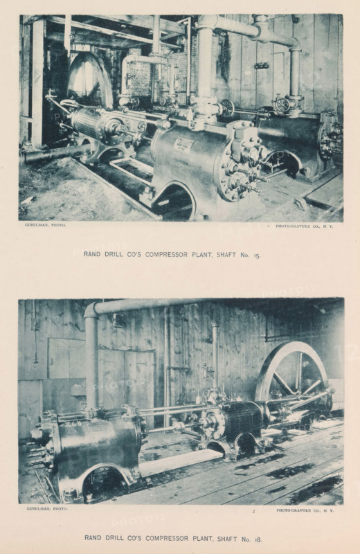 Rand Drill co's compressor plant, shaft no. 15, shaft no. 18, page, photomechanical print, photographer: Preston K. Yates, Yonkers, photographer: Hall & Son, George P., cliché maker: The Photo-gravure Co., New York (city), c. 1883 - in or before 1887, Preston K. Yates, Hall & Son, The Photo-gravure Co., photographer, cliché maker, North America, paper, collotype, light printing, height 345 mm x width 272 mm, machines, parts of machines, tools and appliances, The image shows two rectangular photographic scenes stacked vertically, each depicting a room with wooden plank floors and walls and large industrial machinery consisting of cylindrical compressor housings, flywheels, pipes, valves, and connecting rods mounted on bases; the upper scene includes a large horizontal cylinder with flanges, exposed bolts, multiple vertical pipes rising to the ceiling and a large wheel at the rear, while the lower scene shows another arrangement of long cylindrical components, a prominent flywheel at the...