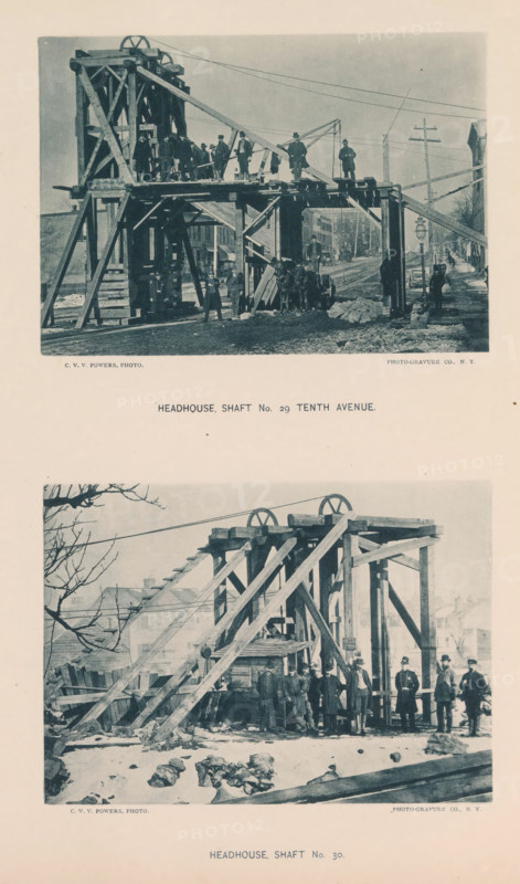 Headhouse, Shaft No. 29 Tenth Avenue, Shaft No. 30, page, photomechanical print, photographer: CVV Powers, New York, cliché maker: The Photo-gravure Co., c. 1883 - in or before 1887, North America, paper, collotype, photoprint, height 345 mm x width 272 mm, building-site, working class, labourers, shafts and galleries (of a mine), The image shows two vintage black-and-white photographs placed one above the other on a light-colored page, each depicting a wooden headhouse structure with scaffolding and large pulleys, workers standing on and around the timber framework, a street with buildings and utility poles in the background, piles of stones or rubble on the ground, horse-drawn carts near the structures, and small groups of men posed in period clothing near the bases of the wooden constructions.