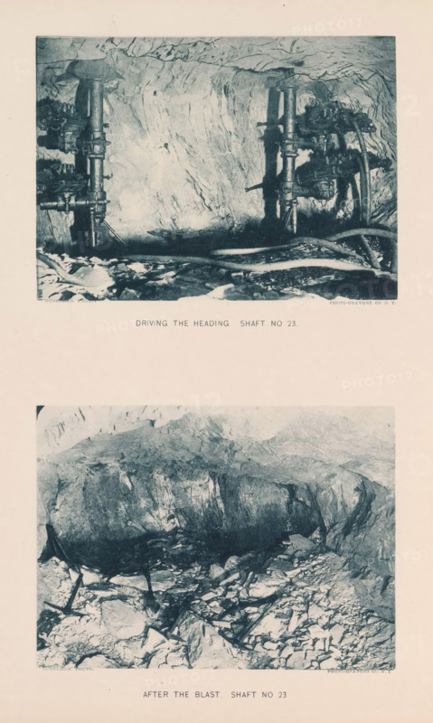 After the blast. No 23, Driving the heading shaft no 23, page, photomechanical print, photographer: Preston K. Yates, New York, cliché maker: The Photo-gravure Co., c. 1883 - in or before 1887, North America, paper, collotype, photoprint, height 345 mm x width 272 mm, underground road, tunnel, A faded photographic print shows two rectangular images stacked vertically on a light background, each framed by a thin border and separated by blank space; the upper image depicts a rough rock tunnel with two vertical metal drill rigs or supports anchored to the floor and ceiling, hoses and cables lying across a rocky ground, and textured rock faces with striations surrounding the equipment, while the lower image shows a cavernous rock chamber with a curved, scalloped ceiling, a rubble-strewn floor of broken stones and slabs, scattered pieces of timber or metal, and irregular rocky walls illuminated unevenly.