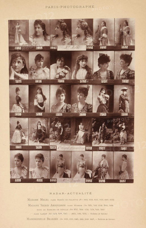 Thirty portraits of Nellie Melba, Sigrid Arnoldson and Marthe Brandès in various theater roles, page, photomechanical print, number: '8443, 8447', inscription: 'Madame Melba Dans Roméo et Juliette, Madame Sigrid Arnoldson Dan Mignon, Dans le Barbier de Séville, Dans Lakmé, Mademoiselle Brandès, ', photographer: Félix Nadar, cliché maker: Pierre Patin, Paris, c. 1881 - in or before 1891, paper, Woodburytype, Woodburytypie, height 166 mm x width 125 mm, Person, Marthe Brandès, Sigrid Arnoldson, Nellie Melba, stage costume, portrait of opera-singer, A sepia-toned photographic contact sheet with rows of portrait and full-length studio photographs of women arranged in a grid, each image separated by horizontal strips; the women wear a variety of late nineteenth-century dresses, some with lace, ruffles, fur stoles, or decorative headpieces, and appear in different poses including facing forward, in profile, seated, and standing; several images show women holding props or standing beside orna...