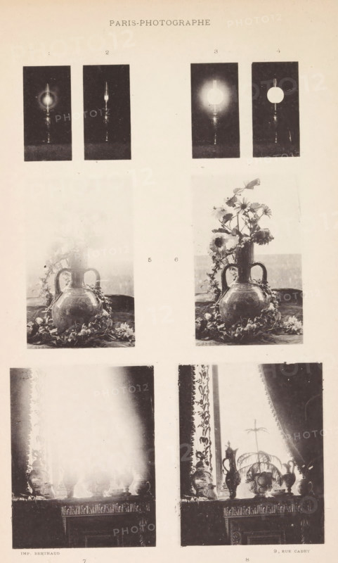 Eight shots of four objects with and without halo, page, photomechanical print, inscription: '1.3.5.7. avec Halo. - 2.4.6.8 sans Halo.', cliché maker: Michel Berthaud, Paris, c. 1881 - in or before 1891, photographer, paper, collotype, photoprint, height 260 mm x width 170 mm, nimbus, halo, radiance emanating from persons or things, A vertically oriented page shows a grid of photographic prints arranged in rows, each print contained within a rectangular frame. At the top are four small dark rectangles showing a lamp with a tall glass chimney and a glowing flame or bulb in various exposures against a black background. Below and centered on the page are two larger still-life photographs of a rounded ceramic vase with two loop handles, filled with flowers and surrounded by foliage and blossoms, the left image appearing more faded and the right image clearer with distinct petals and leaves. Further down are two tall vertical images of a window scene with ornate trim and a collection of dec...