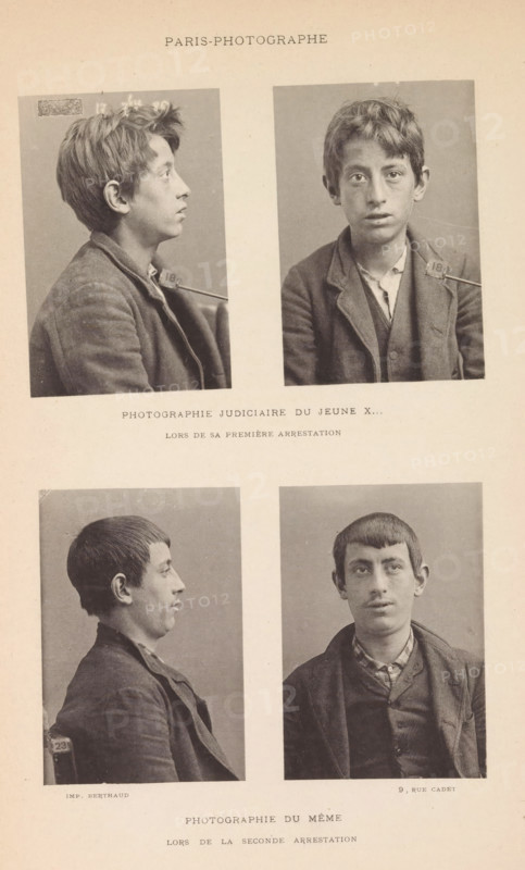 Portraits of a young criminal, made after his first and after his second arrest, page, photomechanical print, inscription: 'Photographie judiciaire du jeune 1881 - in or before 1891, Michel Berthaud, photographer, cliché maker, Paris, paper, collotype, photoprint, height 260 mm x width 170 mm, Print after page 102., youth, adolescent, arrest (of criminal), A vertical sheet showing four black-and-white portrait photos of two young males arranged in a two-by-two grid, each pair including a profile view on the left and a frontal view on the right; the top pair shows a youth with tousled hair wearing a jacket and a collared shirt, the profile view facing right and the frontal view looking forward with a neutral expression, a small rectangular tag is held near his shoulder in both images; the bottom pair shows another youth with short straight hair wearing a jacket and a patterned shirt, the profile view facing right and the frontal view looking forward with a slight closed-mouth expression...