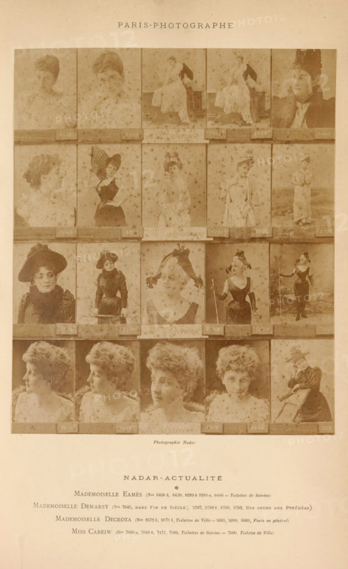 Twenty portraits of Emma Eames, Jeanne Demarsy, Francine Decroza and another actress, photograph, page, number: '8438, 7590', inscription: 'Mademoiselle Eamès, Mademoiselle Dermarsy, Mademoiselle Decroza, Miss Careiw, ', photographer: Félix Nadar, Paris, c. 1881 - in or before 1891, paper, albumen print, albumendruk, height 164 mm x width 137 mm, Person, Emma Eames, portrait of actor, actress, portrait of opera-singer, A sepia-toned poster showing a grid of portrait photographs of women arranged in rows and columns with narrow borders between each image, featuring a variety of poses and outfits including hats, fans, dresses, and a few seated or standing full-length views, with visible aging spots and flecks across the surface and a plain border around the composition.