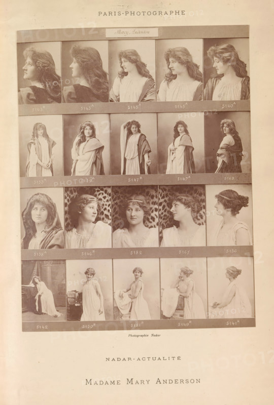 Twenty portraits of Mary Anderson, Madame Mary Anderson, photograph, page, number: '5143B, 5141B.', photographer: Félix Nadar, Paris, c. 1881 - in or before 1891, paper, albumen print, albumendruk, height 171 mm x width 131 mm, Person, Mary Anderson, portrait of actor, actress, stage costume, A vertical sheet showing a grid of sepia-toned portrait and half-length photographs arranged in rows, each image framed by thin borders and separated by horizontal strips, featuring a woman in various poses and profiles wearing flowing light-colored dresses and shawls or draped fabrics, with loose wavy hair styled differently across the photos; some images show her facing forward, some in three-quarter view, and some in full profile, with a range of facial directions and hand positions, set against plain or patterned backdrops, and a larger blank margin below the grid.