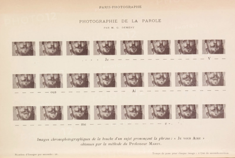Sequence of mouth shapes when pronouncing 'Je vous aime', Photographie de la parole, images chromophotographiques de la bouche d'un jet prononcant la phrase: 'Je vous aime' obtenues par la method du Professeur Marey, page, photomechanical print, inscription: 'Nombre d'Images per second: 12. Temps de pose pour chaque image: 1, 700 de second environ', photographer: Georges Demenÿ, France, cliché maker: anonymous, c. 1881 - in or before 1891, paper, collotype, photoprint, height 170 mm x width 260 mm, Page opposite page 306., speaking, mouth, A pale page with rows of small square monochrome photographs showing a man's lower face and mouth in various expressions, arranged in horizontal sequences, with dashed lines and occasional short words centered beneath some rows, and a centered title area near the top with a few lines of printed text.