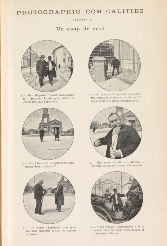 Cartoon about two men who lose their hats during a storm, Un coup de vent, page, photomechanical print, number: '1., 6.', inscription: 'Photographic comicalities', inscription: 'Me voilà, le 'vitrarius' Ponsin.', maker: Michelet, M., France, c. 1881 - in or before 1891, paper, autotypie, height 259 mm x width 170 mm, Page opposite page 322., head-gear: top hat, storm, A page with a title at the top and a subtitle beneath a decorative flourish, containing six circular black-and-white photographs arranged in two columns and three rows, each showing men outdoors in a snowy or construction setting; the top left circle shows two men in coats and hats walking together on a paved area with metal framework visible in the background, the top right circle shows a man standing near a stone balustrade with scaffolding and architectural details behind him, the middle left circle shows two figures walking on a flat snowy expanse with a tall tower structure in the background, the middle right circle ...
