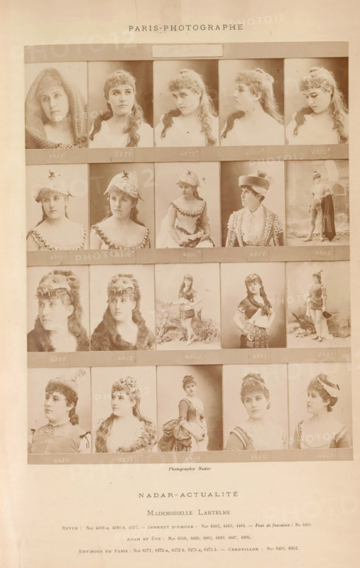 Twenty portraits of Marie Lantelme, Mademoiselle Lantelme, photograph, page, number: '4465, 4463.', inscription: 'Revue, Environs de Paris, ', photographer: Félix Nadar, Paris, c. 1886 - in or before 1891, paper, albumen print, albumendruk, height 178 mm x width 138 mm, Person, Marie Lantelme, portrait of actor, actress, stage costume, A sepia-toned sheet shows a grid of portrait and figure photographs of a young woman in various poses and costumes, arranged in several horizontal rows separated by narrow bands; the images include head-and-shoulder views, three-quarter profiles, full-length poses, and the subject wearing different hats, headpieces, and garments such as dresses with ruffles, a cloak, and a fur-lined wrap, with some shots showing the subject looking directly at the camera and others showing sideward or downward gazes; decorative studio backdrops, props, and a variety of facial expressions are visible across the frames, and a centered caption area appears beneath the grid ...