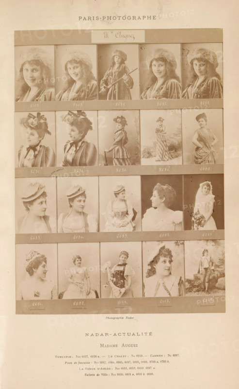 Madame Auguez, Twenty portraits of Mathilde Auguez, photograph, page, inscription: 'Turlupin, La Venus d'Arles, ', number: '8705, 6138.', photographer: Félix Nadar, Paris, c. 1881 - in or before 1891, Félix Nadar, photographer, paper, albumen print, height 177 mm x width 131 mm, portrait of actor, actress, stage costume, A sepia-toned photographic sheet displaying a grid of portrait and full-length images of women arranged in rows and columns, each image showing a different pose and costume; many women wear hats or headpieces, some wear fur hats, others have floral or ribboned hats, and one wears a veil and holds a bouquet; outfits range from flowing dresses to tailored jackets and skirts, with visible ruffles, bows, and layered fabrics; facial expressions vary from smiling to neutral, with most subjects shown from shoulders upward or in three-quarter and profile views, and a few shown full length standing or seated holding props such as a cane or a fan; thin horizontal bands separate ...